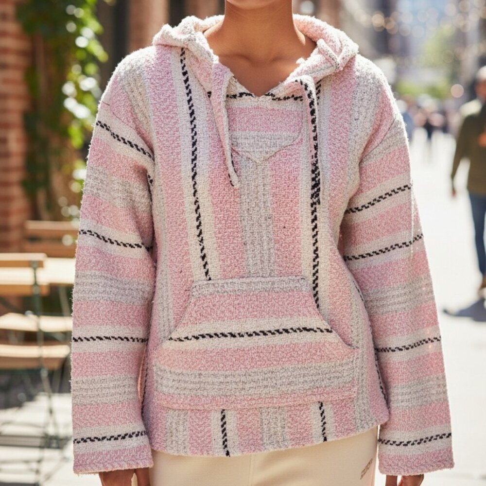Vintage 90s Earth Ragz Hoodie Pink White Black Mexican‎ Blanket Style Sz M